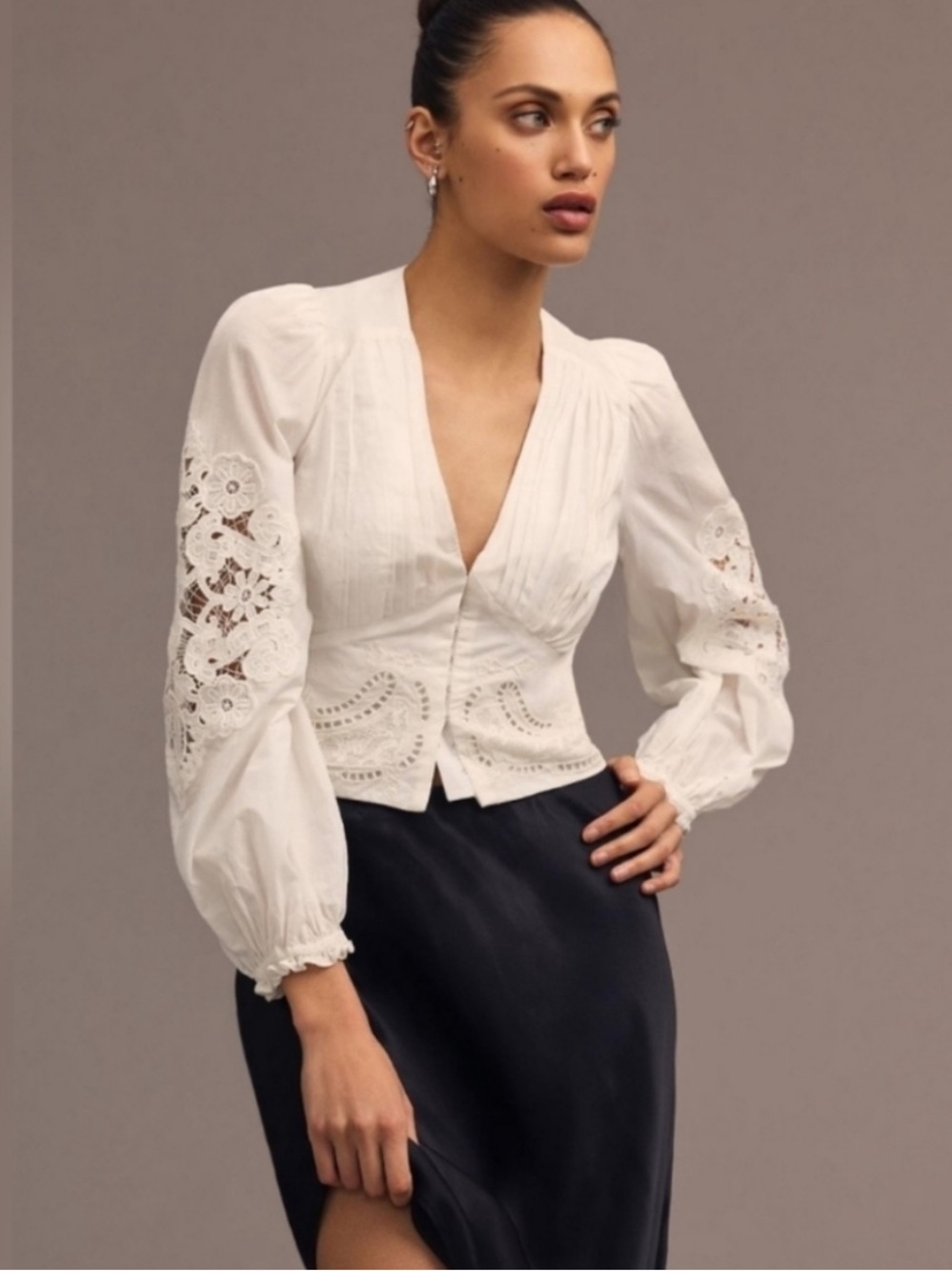 Farm Rio White Eyelet Cotton Long-Sleeve Blouse NWT size L